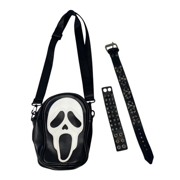 SCREAM Ghost Face Crossbody Purse Spiked Choker Bracelet Goth Rave Punk Cosplay - Picture 3 of 6